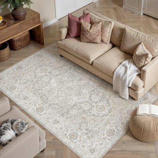 HUGEAR 4x6 Washable Area Rugs for Living Room Bedroom Beige Grey Vintage Large Soft Carpet Rug Non-Shedding & Non-Slip Low Pile Indoor Home Decor Dining Room Kitchen Office Floor Mat