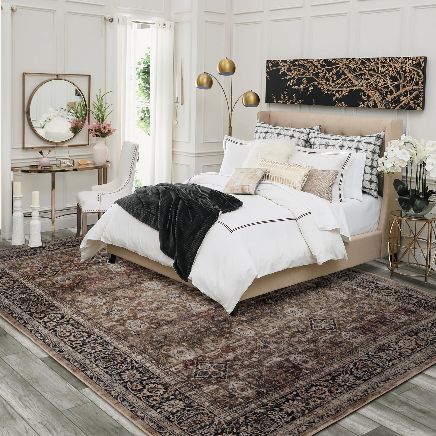 ARTWEAVER 8x10 Washable Non-Slip Area Rugs for Living Room, Dining Room, Bedroom Home Office-Vintage Floral Soft Non-Shedding Distressed Faux Wool Farmhouse Large Area Rugs(Brown, 8'×10')
