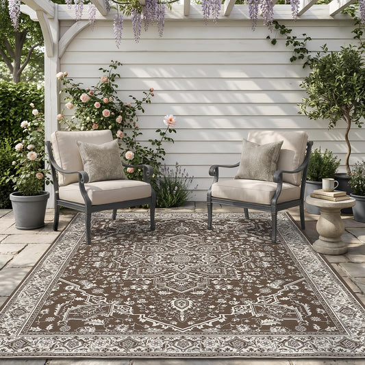 AMOAMI-Outdoor Rug-Patio Rug 5x8 ft Quick Dry Flatweave Textured Machine Washable Outdoor Carpet with Rubber Particles Backing Vintage Outdoor Area Rug for Patio Deck Front Porch Balcony Brown