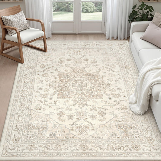 4x6 Area Rugs for Living Room: Vintage Boho Neutral Washable Rug Indoor Soft Large Area Rug Carpet for Bedroom Nursery Farmhouse Dining Room Office Floor Non-Slip Low Pile Under Table Rug Beige White