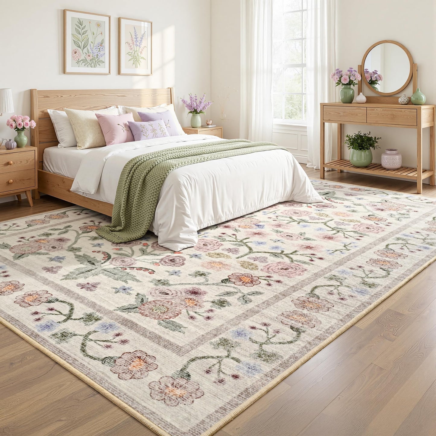 Maxsoft Large Area Rugs for Living Room Bedroom, 5x7 Washable Floral Area Rugs, Non-Slip and Stain Resistant Soft Throw Indoor Carpet for Dining Room Office Kitchen Dorm Home Decor, Pink