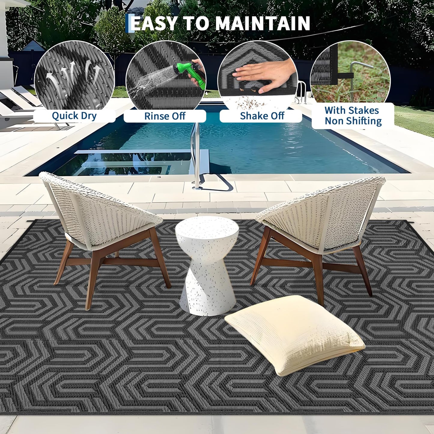 MilleLoom 9x12 Outdoor Rug Waterproof Foldable Plastic Straw Carpet for Patio Porch Abstarct Line Reversible Mat Lightweight Floor Mat for Picnic, Backyard, Rv, Beach, Deck, Camper, Balcony，Black/Grey