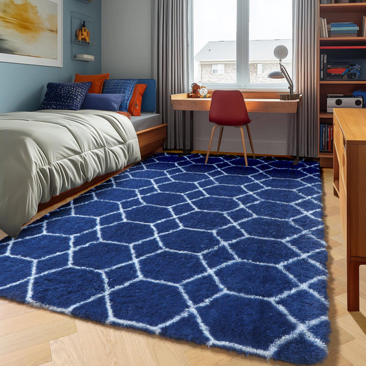 ONASAR Area Rugs for Bedroom Living Room, 4x6 Fluffy Navy Blue and White Throw Rug for Home Decor, Geometric Soft Shaggy Plush Floor Carpet for Kids Girls Boys Teen Nursery Dorm Office