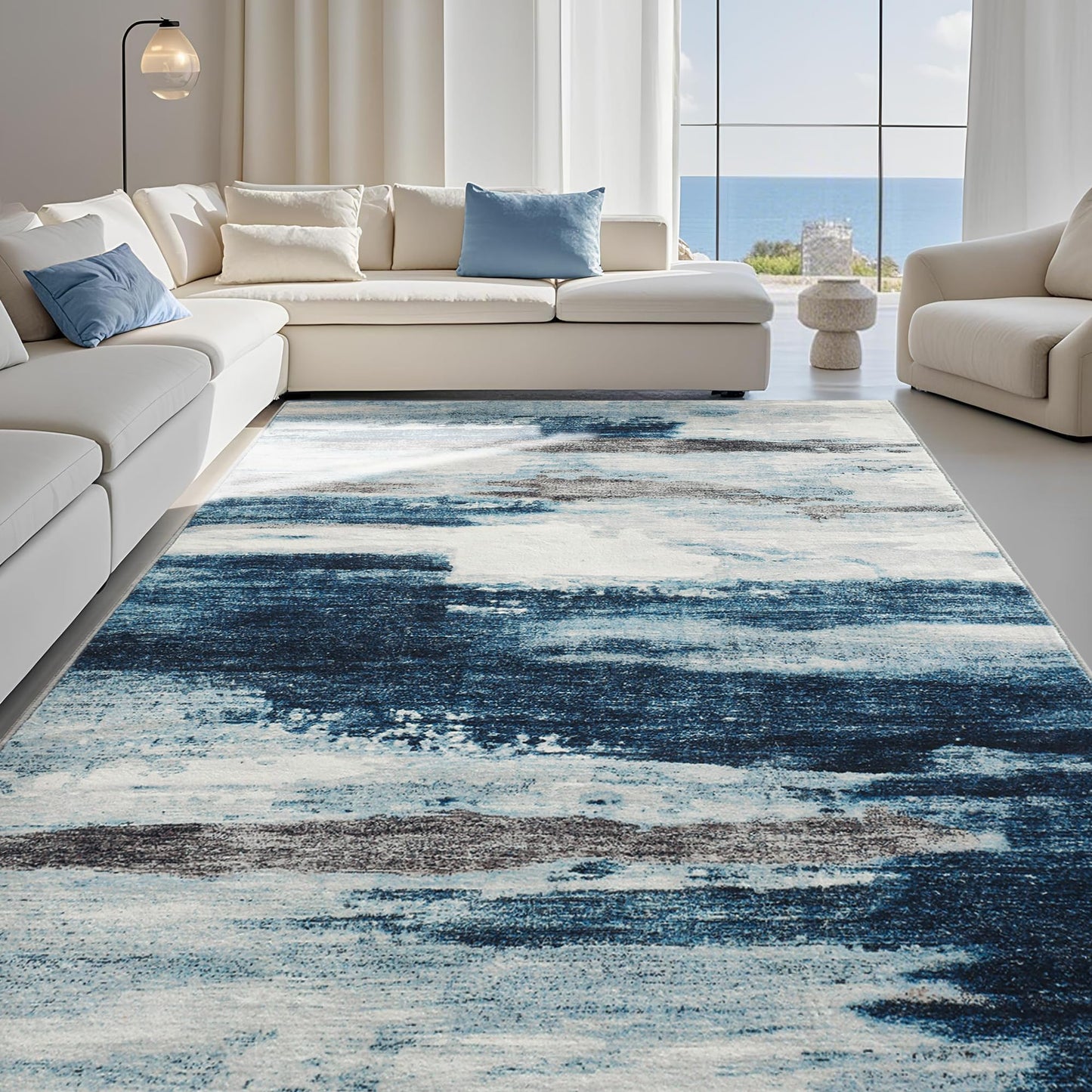 Carvapet 8x10 Area Rug - Midnight Navy Blue Modern Abstract Carpet, Ultra Soft Silky Faux Cashmere Rug, Extra Large Low Pile Skid-Resistant Floor Mat for Grand Living Room Dining Room Bedroom