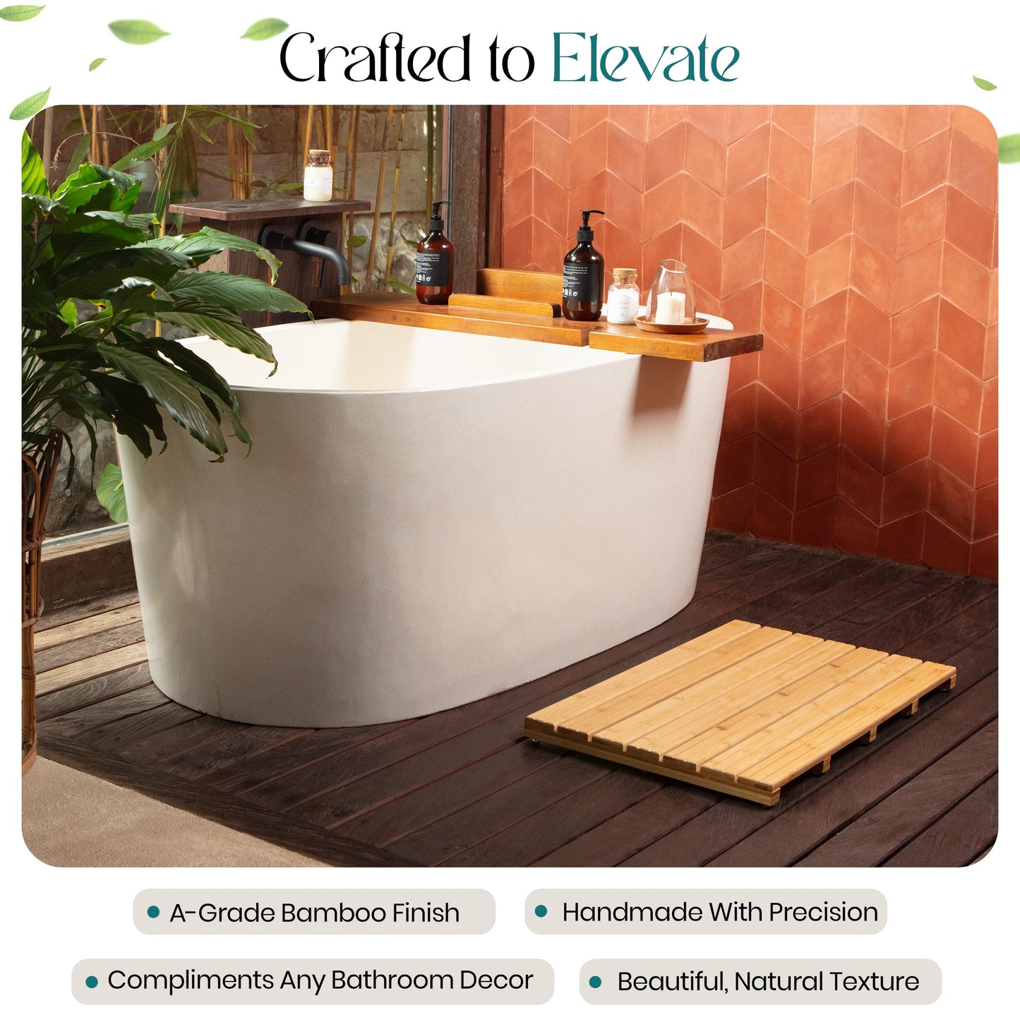 Large Natural Bamboo Bath Mat – Non-Slip Design Sauna Floor Mat, Secure Grip Pads, Water-Resistant Coating, Durable for Indoor/Outdoor Use, Bamboo Decor