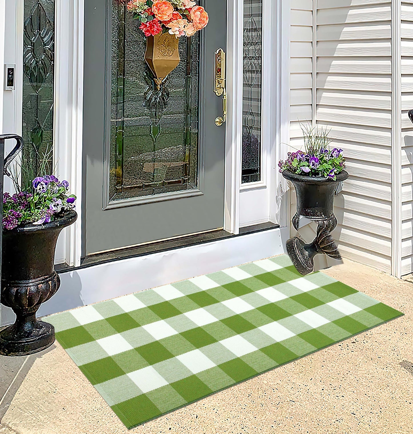 Buffalo Plaid Outdoor Rug 24''x51''Green and White Checkered Front Porch Rug Cotton Woven Washable Door Mat Outdoor for Layered Hello Welcome Door Mat Farmhouse Entryway