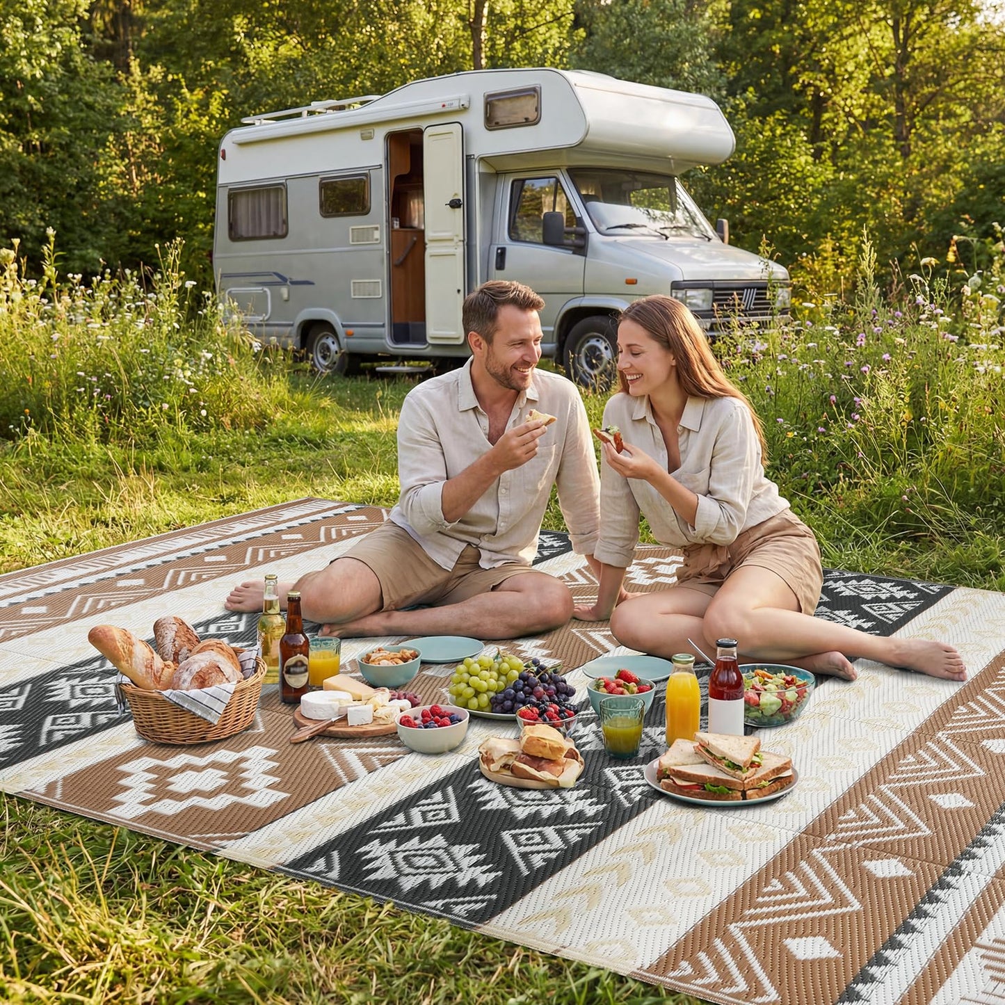 Outdoor Rug 5x8 ft Waterproof Reversible Plastic Straw Patio Camping Rug, Portable Indoor Outdoor RV Mat Carpet for Deck, Camper, Porch, Balcony, Backyard, Picnic, Brown