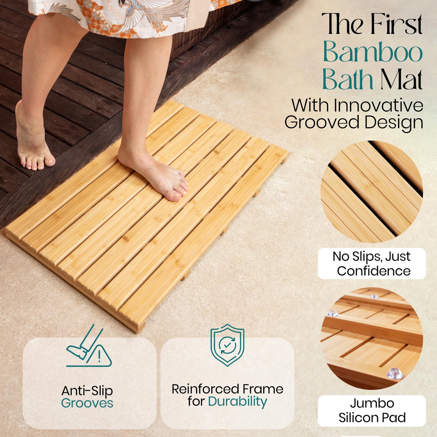 Large Natural Bamboo Bath Mat – Non-Slip Design Sauna Floor Mat, Secure Grip Pads, Water-Resistant Coating, Durable for Indoor/Outdoor Use, Bamboo Decor