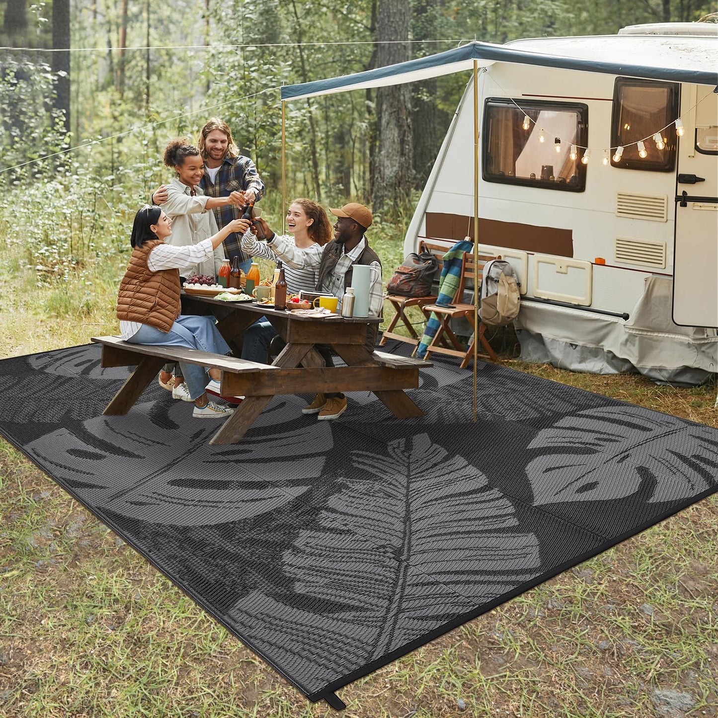 MilleLoom Outdoor Rug 8x10 Waterproof Patio Rugs Modern Leaf Print Reversible Mat for Front Door Rv Foldable Plastic Straw Carpet for Travel Trailers, Deck, Porch, Camper, Balcony, Beach，Black/Grey