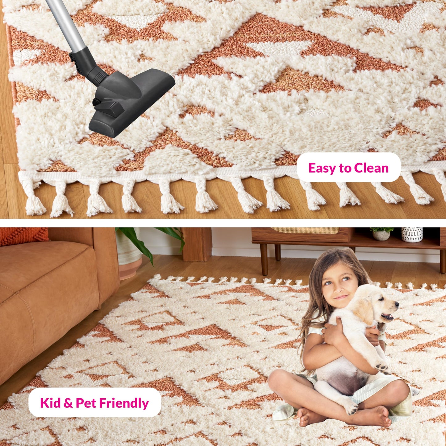 SAFAVIEH Moroccan Tassel Shag Collection Area Rug - 5'3" x 7'6", Ivory & Brick Rust, Non-Shedding & Easy to Clean, Plush High-Low Texture, Ideal for Living Room, Bedroom, Dining Space (MTS688P)
