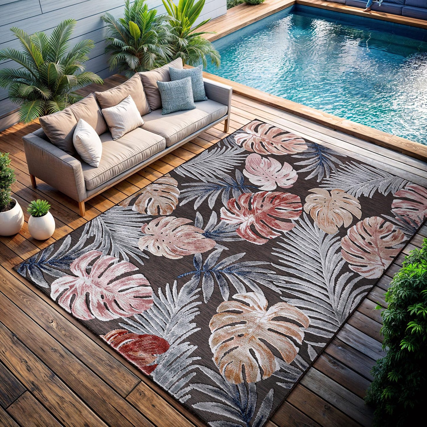 CAMILSON Indoor Outdoor Rug, Brown 9’x12’ Leaf Tropical Botanical Area Rugs for Indoor and Outdoor patios, Easy-Cleaning Non-Shedding Living Room, Garden and Kitchen Washable Outside Carpet (9x12)