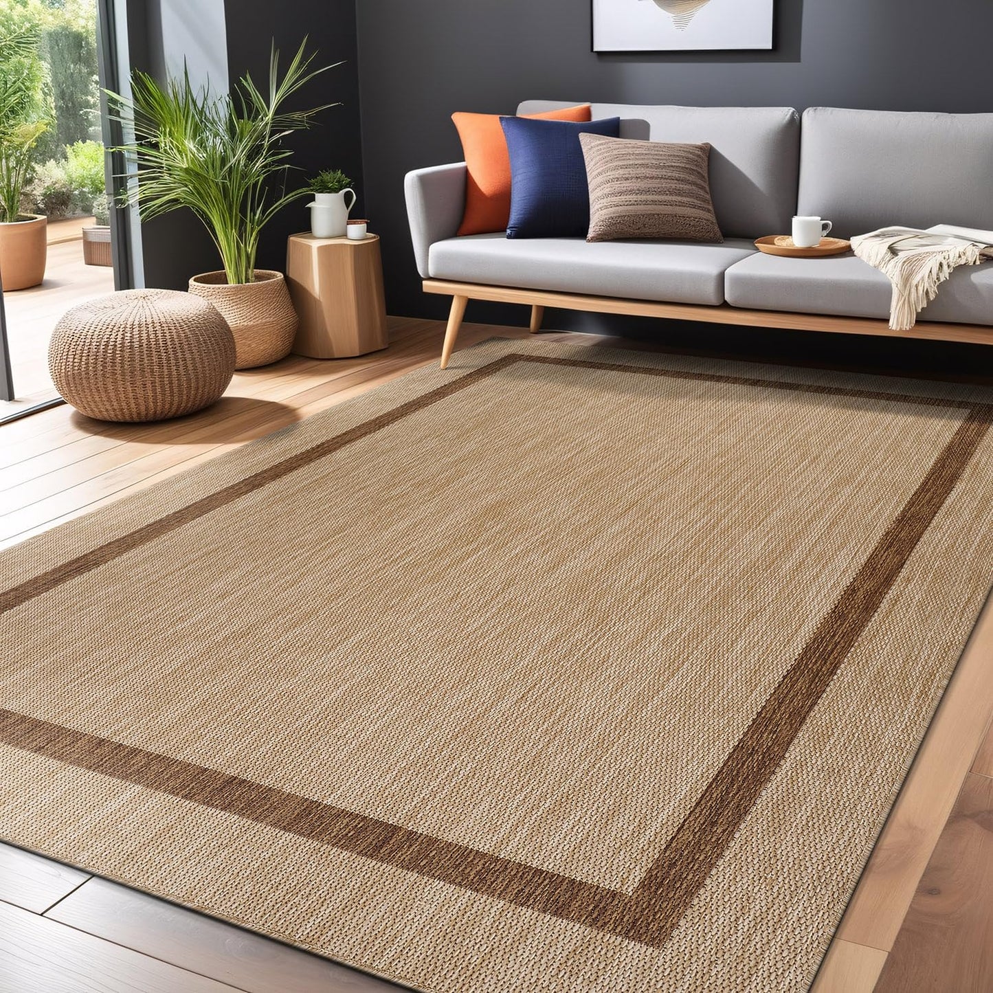 Luul Home Bordered Outdoor Rug 6x9 Washable Outside Carpet for Indoor Patio Porch Waterproof Easy Cleaning Non Shedding Area Rugs Jute Beige - Nut Brown 6 x 9