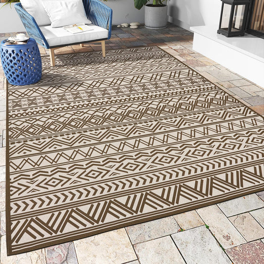 Outdoor Rug Carpet 4x6 ft, Flatweave Textured Outdoor Patio Rug Non Slip Indoor Outdoor Rugs with Rubber Particles Backing Boho Outdoor Area Rug for Patio Deck Front Porch Backyard Balcony, Brown