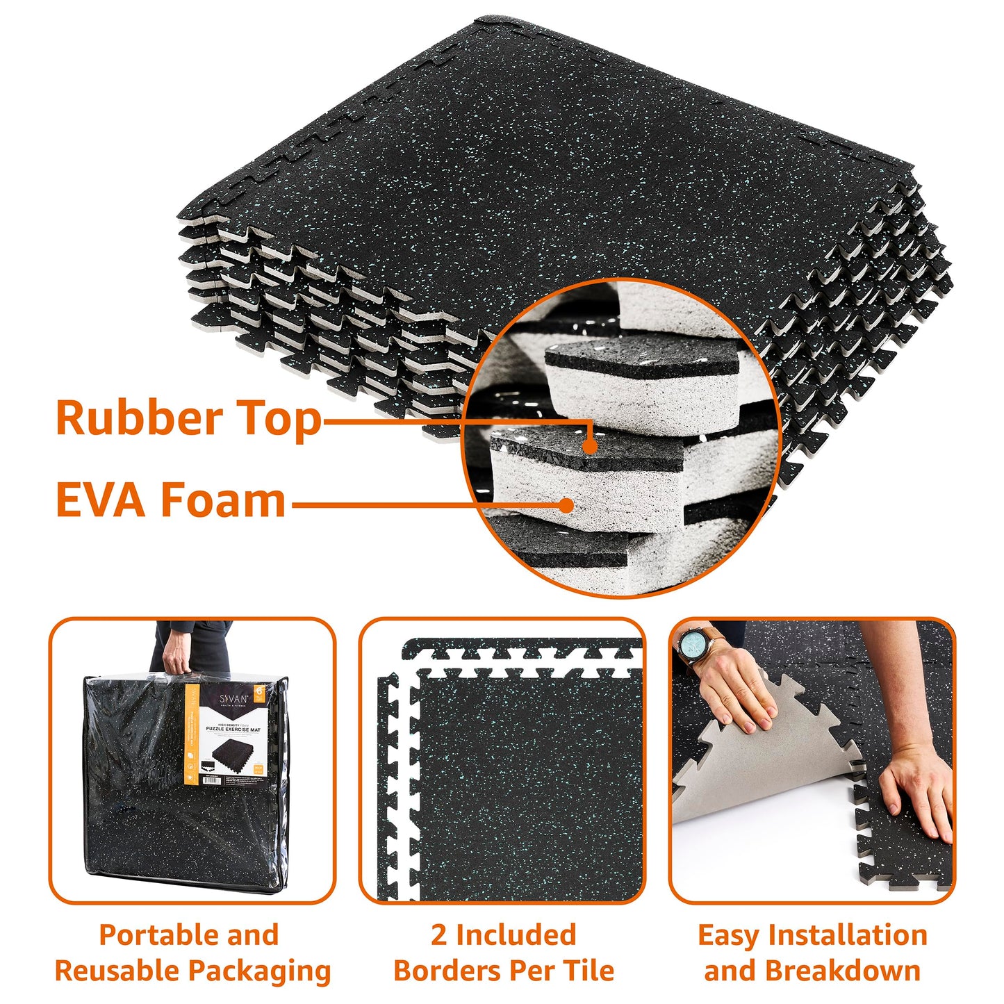 Sivan 0.3 Inch Thick Gym Flooring for Home Gym - 6 EVA Foam Floor Tiles, 24 Sq Ft Rubber Top Gym Mats for Home Gym and Exercise Equipment, Interlocking Protective Flooring 24 in x 24 in Gym Mat