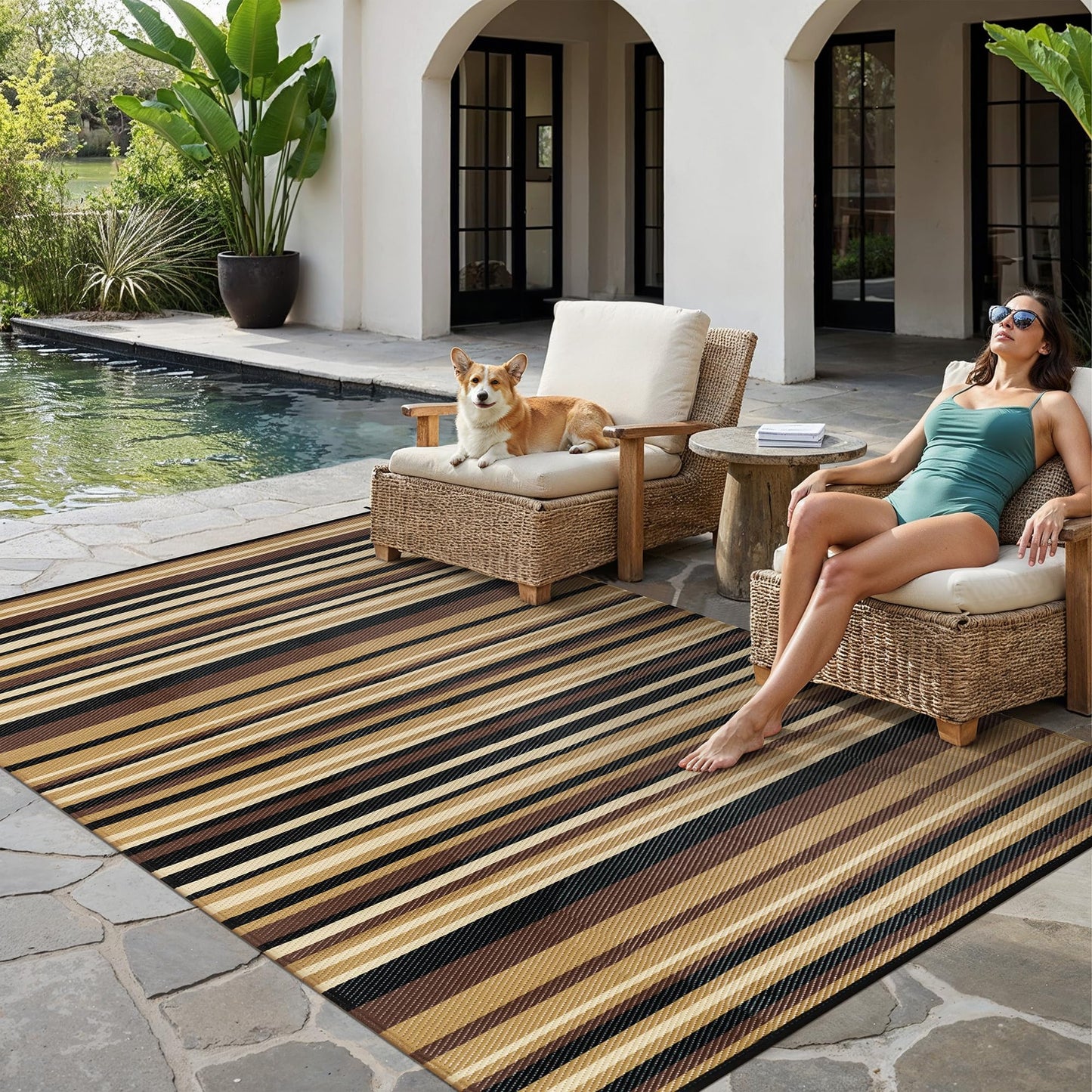 WondRg Outdoor Plastic Straw Rug Waterproof Patio 6x9 Brown Black Stripe Mat for Porch Camping RV Balcony Deck Courtyard Reversible Lightweight Durable Portable Carpet