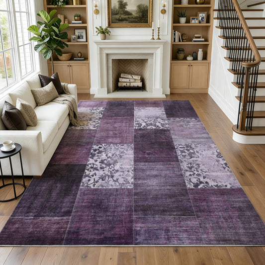 Carvapet 10x13 Extra Large Area Rug - Moody Plum Vintage Patchwork Floral Carpet, Ultra Soft Faux Cashmere Washable Non-Slip Grand Purple Rugs for Living Room
