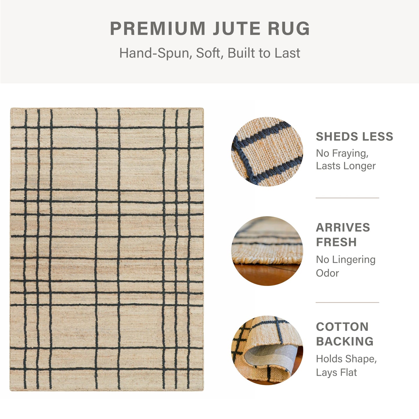 Homespice Nell Jute Plaid Area Rug 4x6' - Cotton Backed Premium Handmade Jute Geometric Area Rug for Bedroom and Office, Lays Flat, Won't Fray or Shed, Rich Natural Brown & Black Windowpane