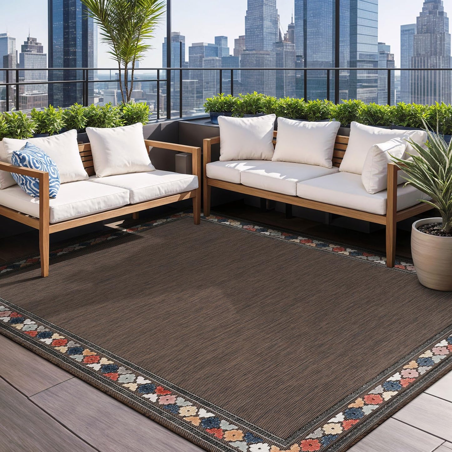 Beverly Rug Outdoor Rug 10x14 Modern Bordered Large Area Rugs for Indoor and Outdoor Patio Easy to Clean Non Shedding Living Room Porch Garden Washable Outside Carpet (10 x 14 Brown)