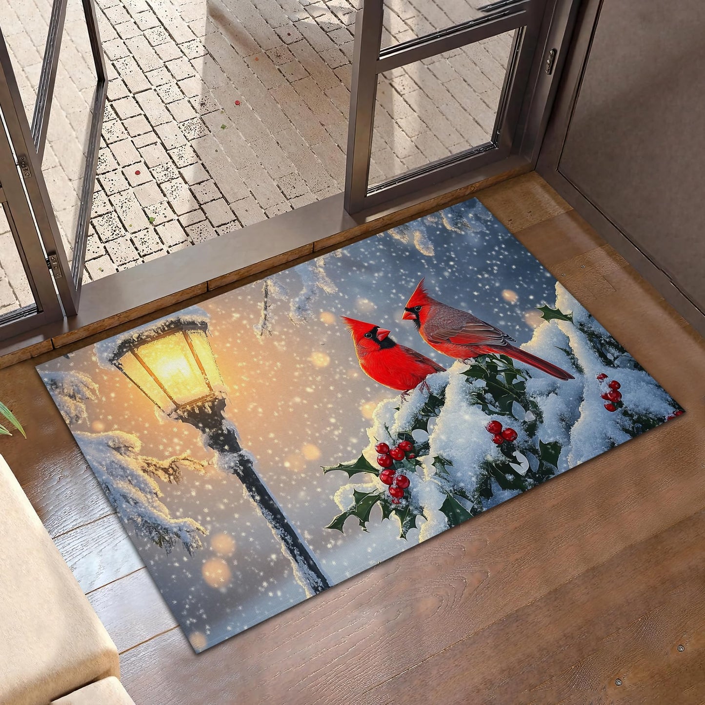 Winter Cardinal Welcome Mat,Christmas Snow Indoor Rugs for Entryway,Anti-Slip Low Profile Doormats Porch Mats for Front Door Stairway Rug Living Room Floor Mat 30 x 17 Inch