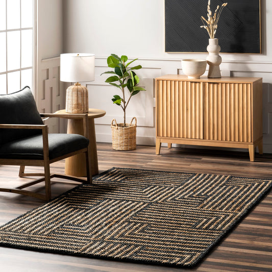 Rugs USA Liess Black/Natural, 9'6" x 13'6", Handmade, Geometric, Jute & Cotton, Soft and Textured, High Traffic, Stain Resistant, Easy Clean, Durable Area Rug for Bedroom, Living Room, Dining, Foyer