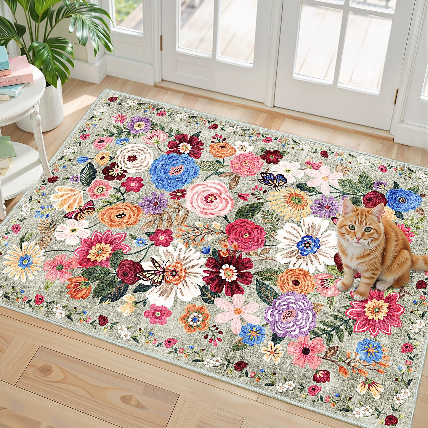 Floral Rug for Entryway, Green 2X3 Washable Kitchen Mat Ultra-Thin Soft, Non-Slip Indoor Door Carpet Stain Resistant Boho Small Low-Pile Throw for Bathroom Bedroom (Green Garden, 2 x 3)