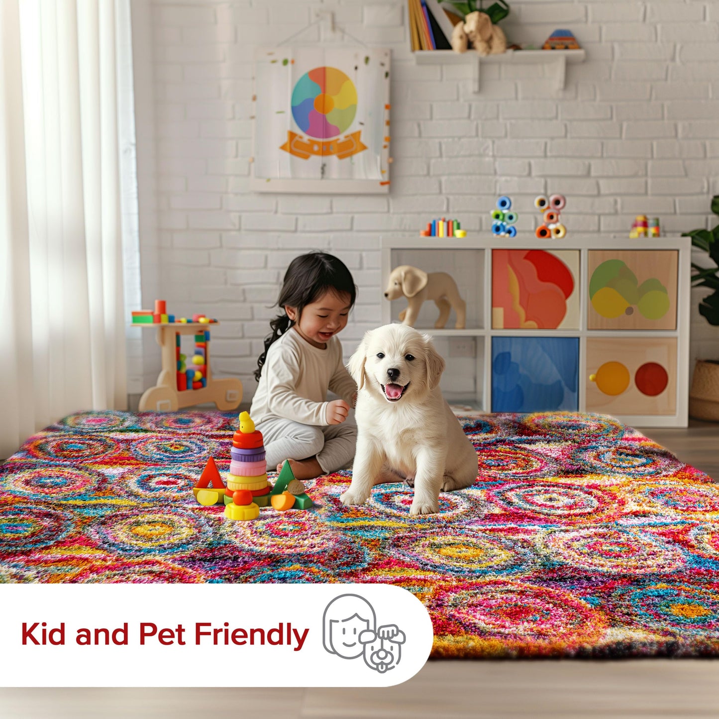 Nuloom Kindra Multicolor/Red, 6'7" x 9', Bohemian Circles, Soft and Cozy, High Traffic, Stain Resistant, Easy Clean, Durable Area Rug for Bedroom, Living Room, Dining Space, Den, Foyer, Entryway