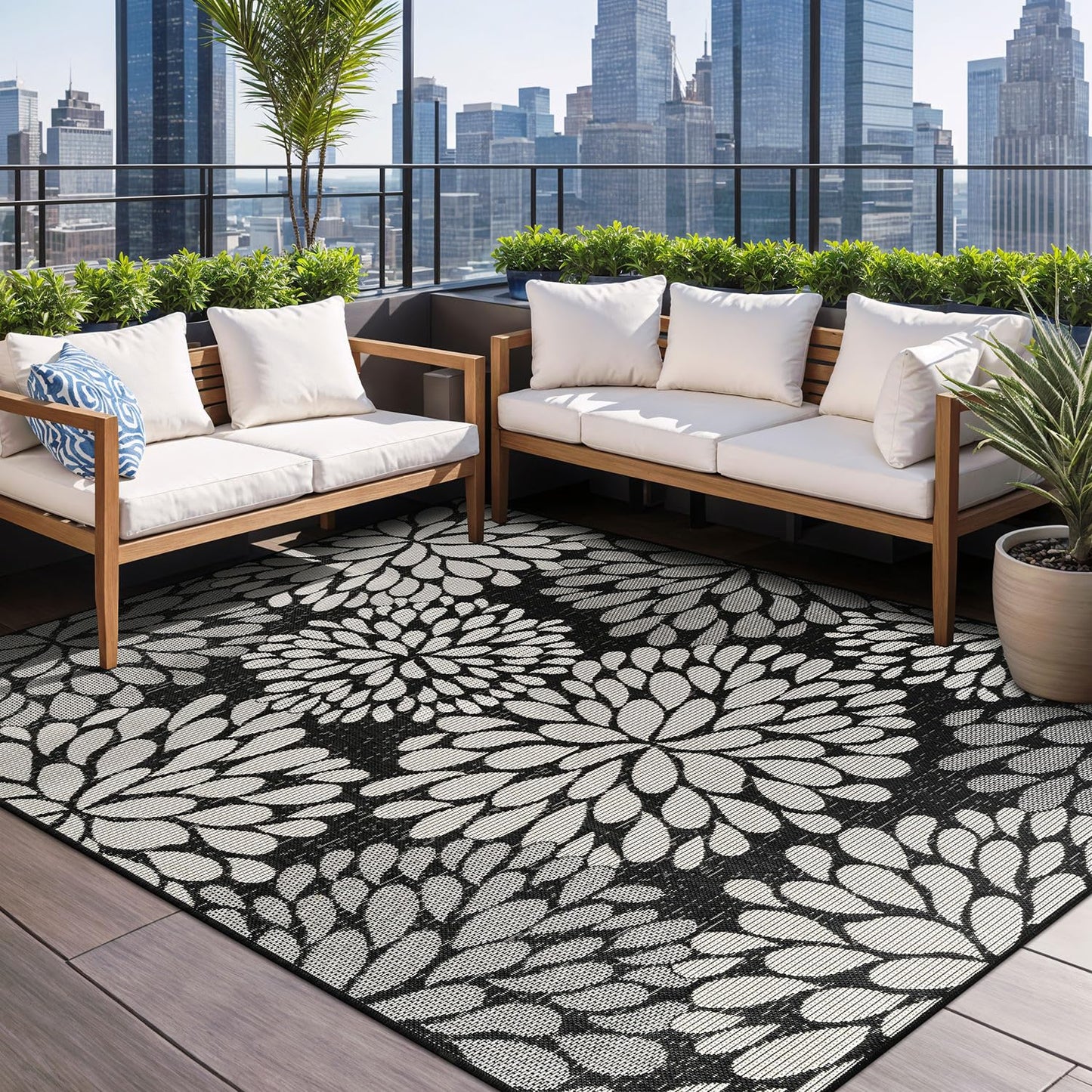 Beverly Rug Outdoor Rug 8x10 Modern Exotic Tropical Leaf Area Rugs for Indoor and Outdoor Patio Deck Porch Garden Water Resistant Washable Outside Carpet (8 x 10 Dark Gray)