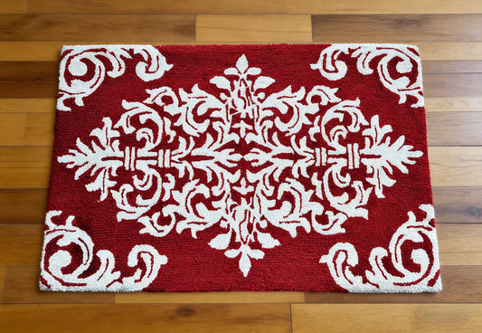 EZ.enjoy Hand Hooked Damask Floral Area Rug 33"x21" – Burgundy Entryway Doormat, Vintage Farmhouse Accent Throw Rug for Home Decor, Kitchen & Hallway