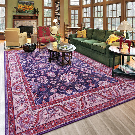 Rtizon Purple Area Rugs for Living Room, Washable 5x7 Area Rug for Bedroom, Retro Floral Carpet with Non-Slip Rubber Backing for Girls's Beside Dorm Home Office Dining Room Kitchen, Blue and Purple
