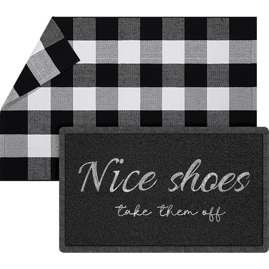 Geelin 2 Pcs 30'' x 18'' Doormat 43'' x 27.5'' Black and White Layered Rug for Front Door Mat Outside Entrance Welcome Door Mats for Indoor Outdoor Entryway Porch Decor(Nice Shoes Take Them Off)