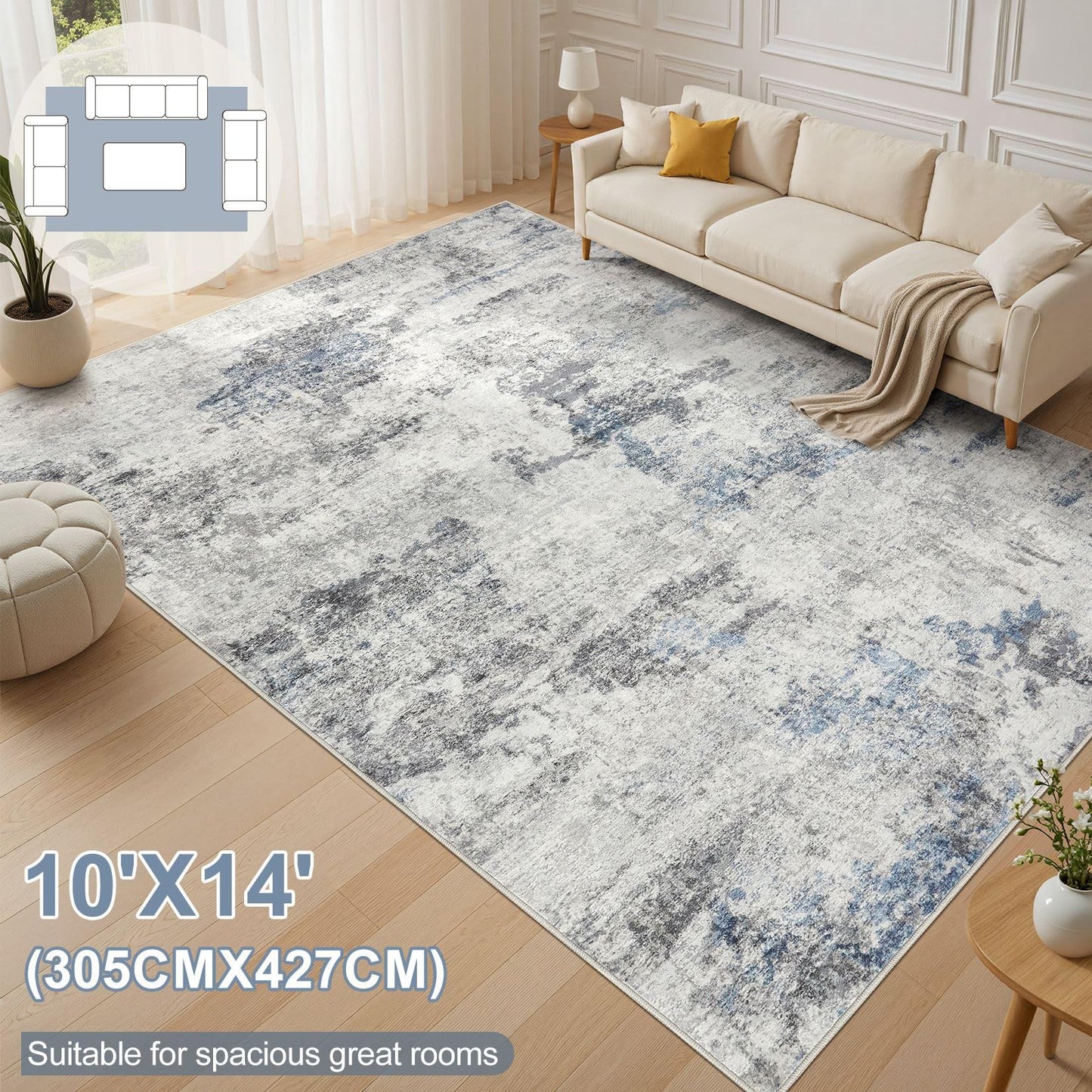 DMOYEST 10x14 Area Rug for Living Room, Washable & Non Slip Large Indoor Carpet, Kid & Pet Friendly Soft Thin Low Pile Abstract Rug for Bedroom and Office - Grey Blue