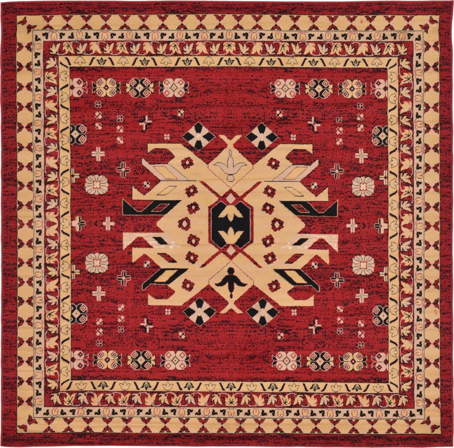 Unique Loom Taftan Collection Border Geometric Tribal Inspired Design Area Rug (8' 0 x 8' 0 Square, Red/ Gold)