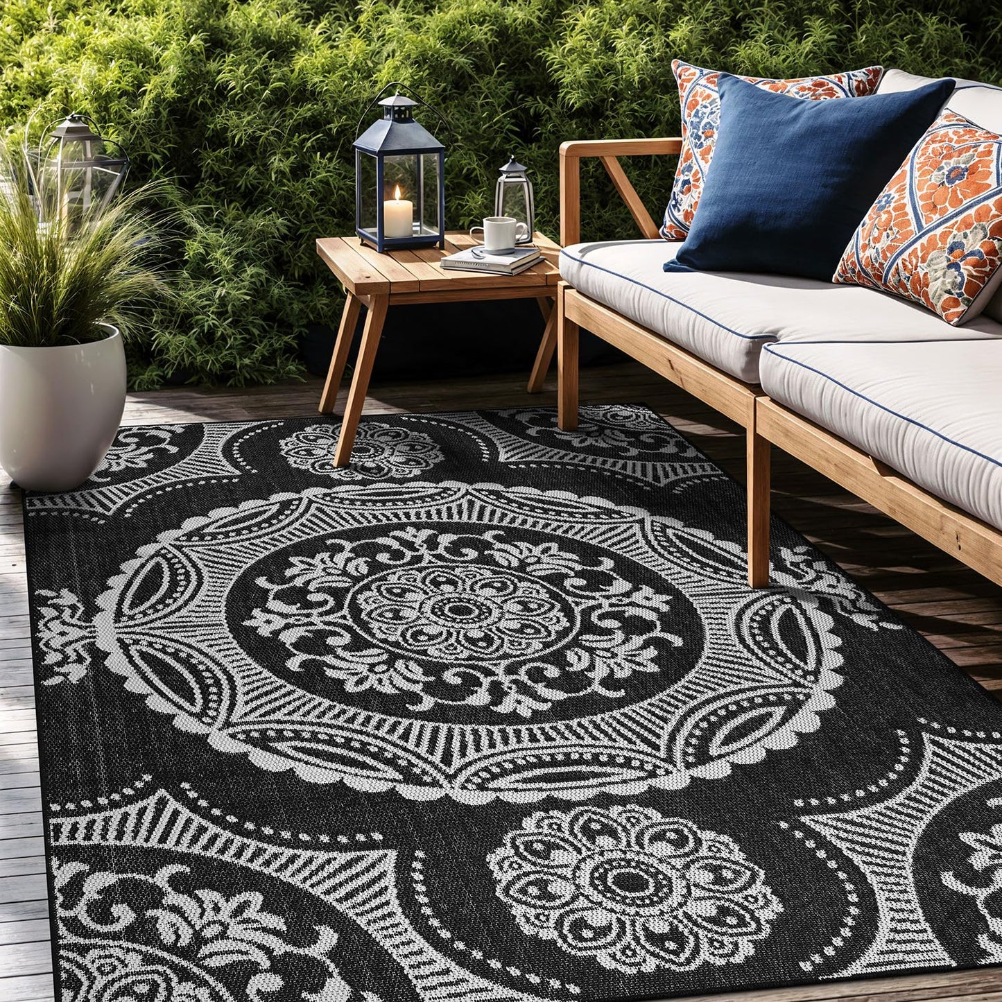 Luul Home Medallion Outdoor Rug 8x10 Washable Outside Carpet for Indoor Patio Porch Waterproof Easy Cleaning Non Shedding Area Rugs Black 8 x 10