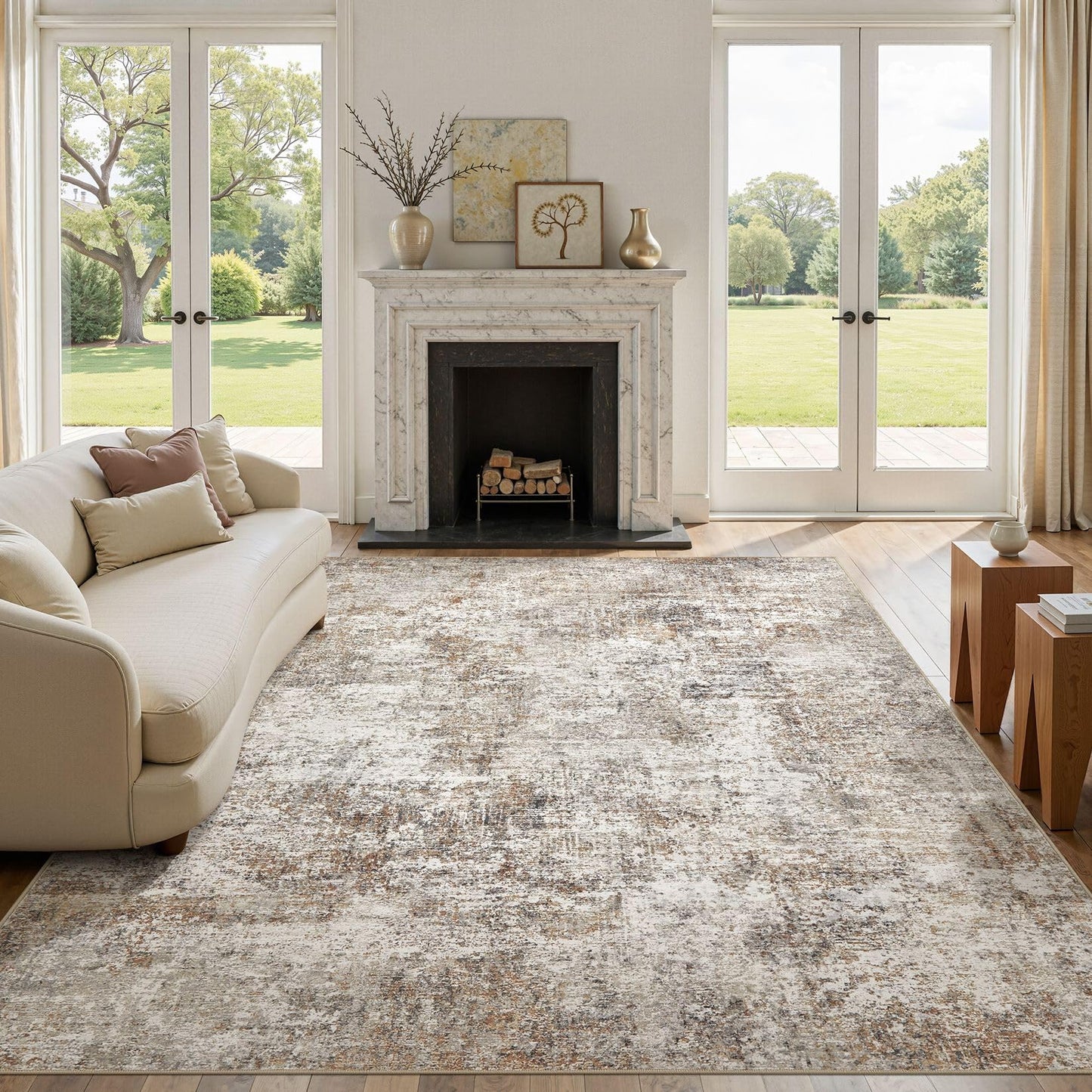 9x12 Area Rugs for Living Room: Washable Large Neutral Abstract Rug Soft Non Slip Stain Resistant Low Pile Indoor Carpet for Bedroom Dining Room Nursery Office Playroom - Brown Grey