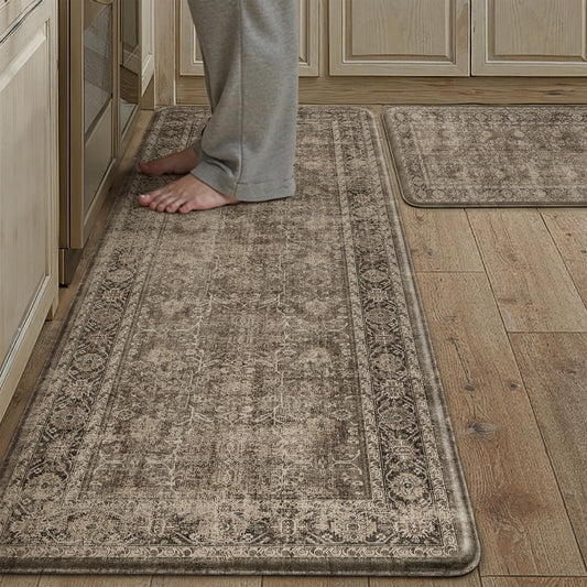PureCozy Kitchen Mats 2PCS Anti Fatigue Cushioned Mat Brown Vintage Kitchen Mats for Floor Waterproof Non Slip Comfort Standing Distressed Rug for Sink Laundry Office 17.3"x47"+17.3"x30"