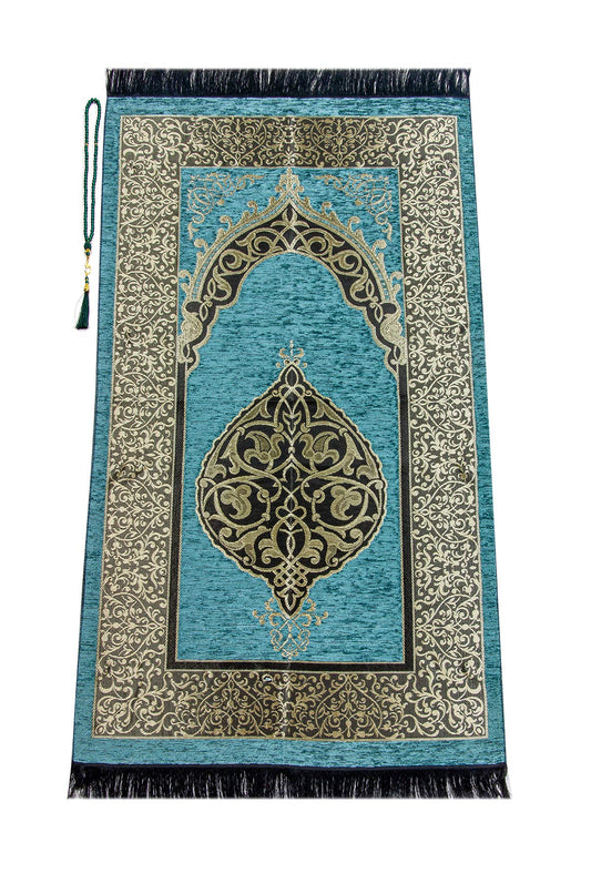 ihvan online Muslim Prayer Rug with 99 Beads Tasbih, Soft Chenille Sajadah, Lightweight & Foldable Janamaz, Portable Travel Prayer Mat, Islamic Gift for Eid, Ramadan, Hajj & Umrah, Mint Green