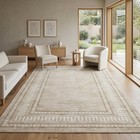 MilleLoom Bordered Area Rug 5x7 Washable Rugs for Living Room Non Slip Soft Rugs Indoor Geometric Floor Cover Non-Shedding Stain-Resistant Carpet for Bedroom Dining Room Office Nursery Dorm Beige