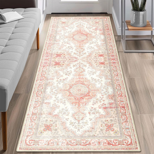 Castage Washable Runner Rug 2'x6',Pink Rug Runners Non Slip,Long Boho Rugs for Hallways Kitchen Bathroom Bedroom Entryway,Vintage Bohemian Distressed Floor Carpet,Blush Floral
