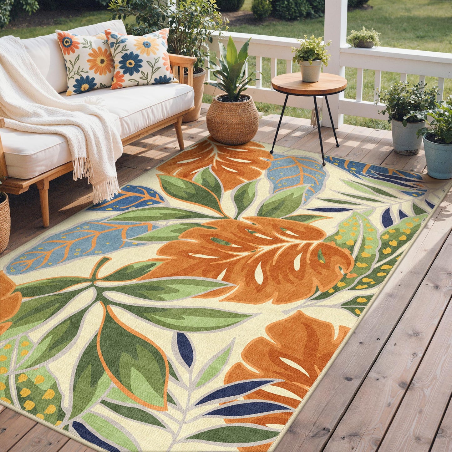 GENIMO Outdoor & Indoor Area Rug 5'x8', Waterproof, Non-Shedding, Easy Cleaning, Leaf Mat for Patio, Living Room, Balcony, Dining Room, RV, Deck, Bedroom, Camping, Outside Carpet, Rust Sage