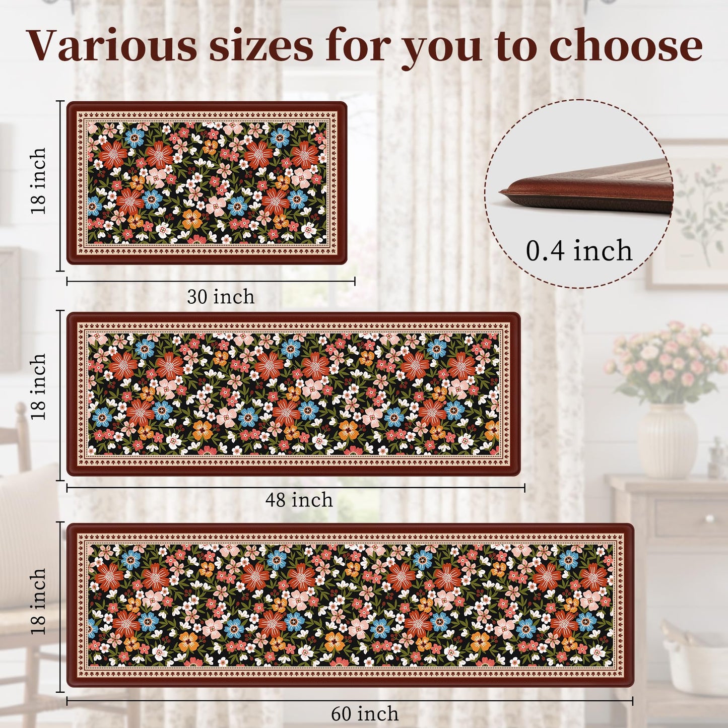CHICNOOK Boho Vintage Floral Kitchen Rug Set of 3, Black Rustic Kitchen Mat