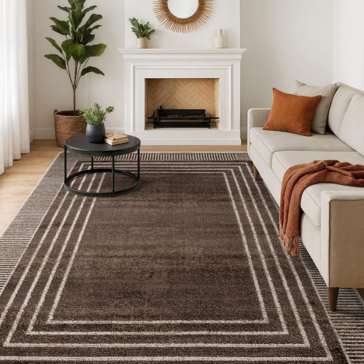 Rugshop Contemporary Geometric Bordered Indoor Area Rug for Living Room,Bedroom,Kitchen Rug Low Pile Rug with Jute Backing 5' x 7' Brown