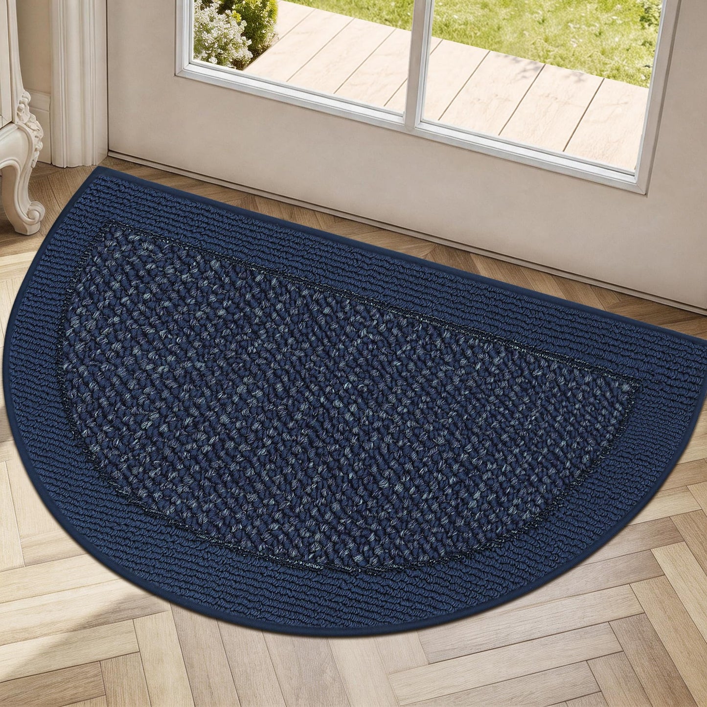 FLOORHUG Dirt Trapper Door Mats 17"x30", Half Circle Entryway Rugs Non-Slip Washable, Dirt Resist and Absorbent Doormat Low Profile Entrance Mat Floor Mats for Front Back Door, Blue