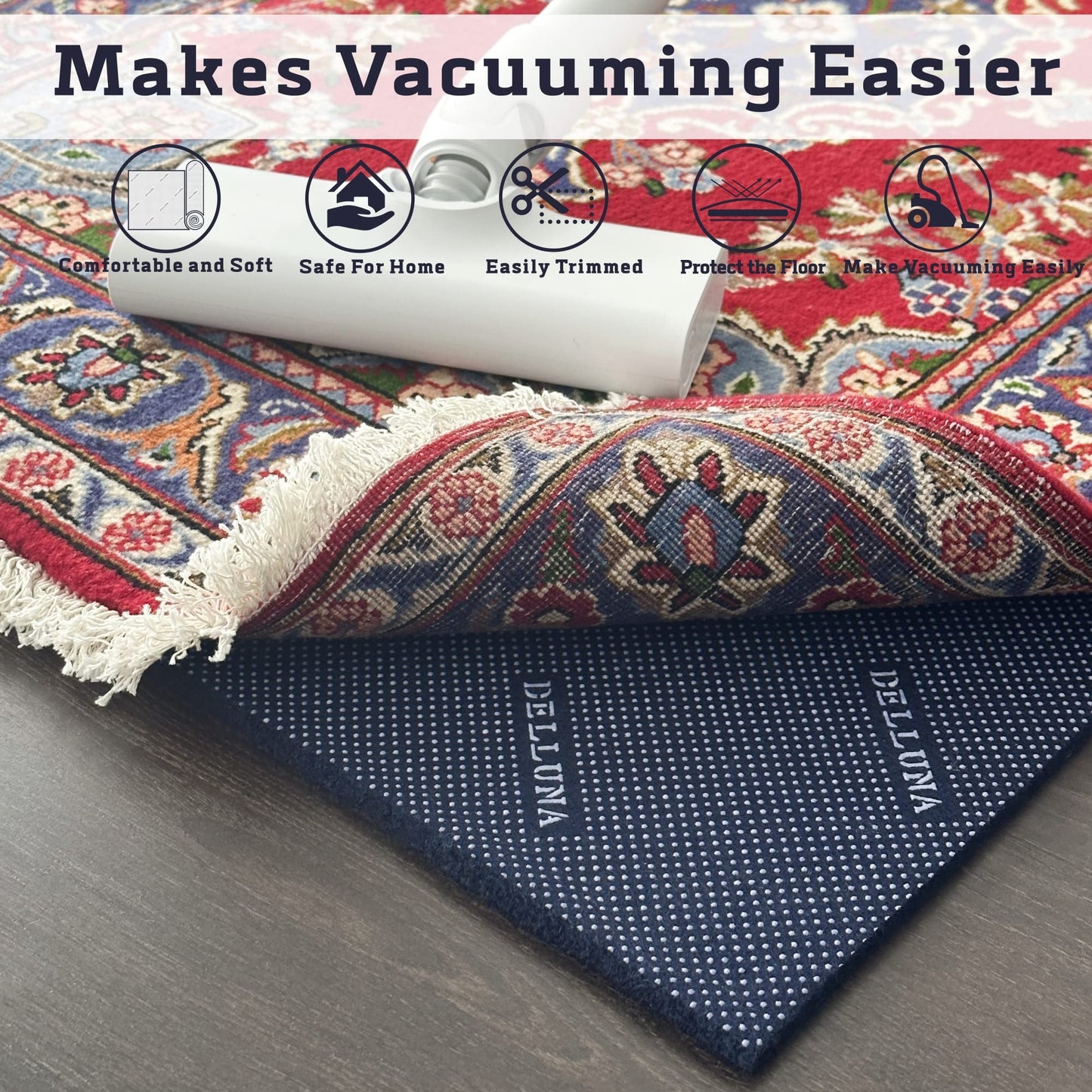 DELLUNA Non-Slip Area Rug Pad 2'x3', 3/8" Thick Double Side Rubber + Felt, Premium Deluxe Cushioned- Safe for All Floors, Adds Comfort and Protection, Ultra Strong Grip, Stop Rug from Moving.