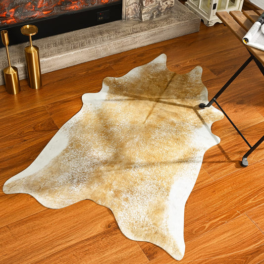 Rtizon Faux Cowhide Rug Small Washable Cow Print Area Rugs, 2x3Ft Non-Slip Animal Skin Western Rustic Decor Carpet for Bedroom Living Room Office Entryway Kitchen Fireplace, Khaki Gold