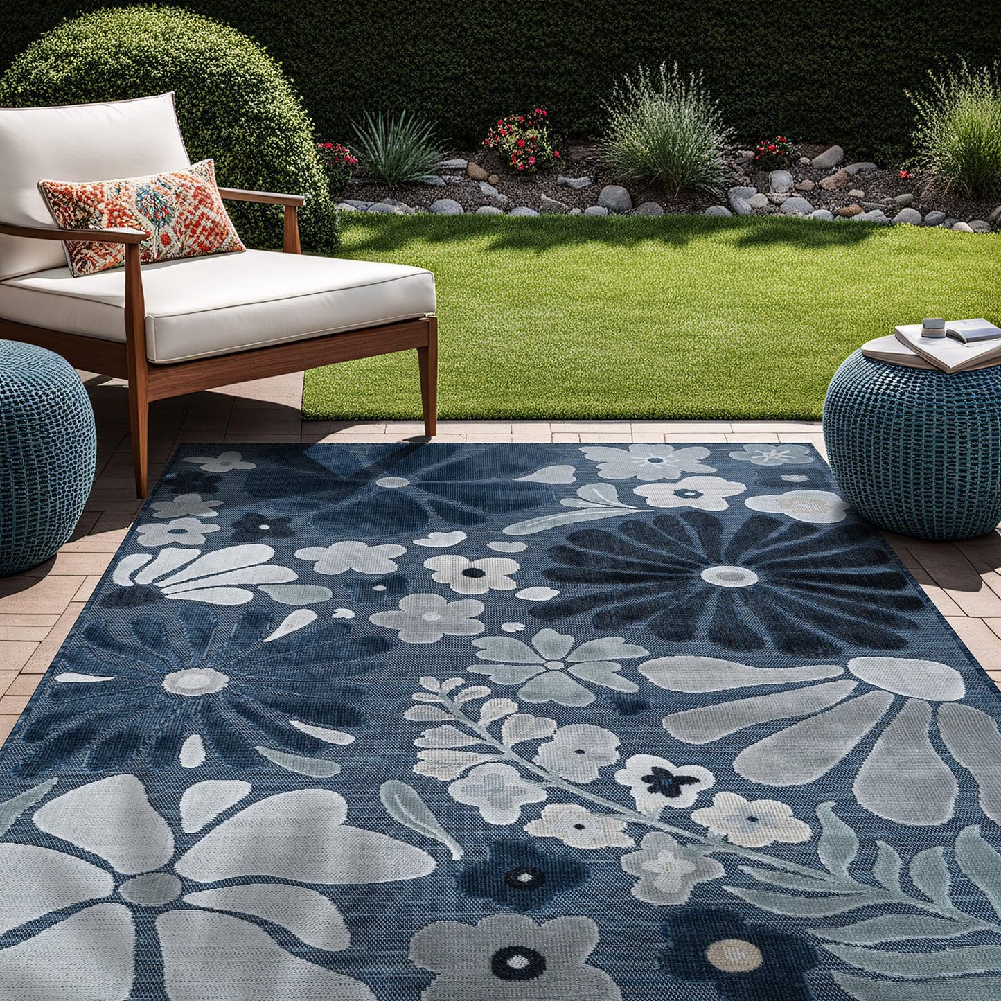 Beverly Rug Outdoor Rug 8x10 Modern Floral Tropical Area Rugs for Outdoor and Indoor Patio Easy to Clean Non Shedding Living Room Porch Garden Washable Outside Carpet (8 x 10 Navy)