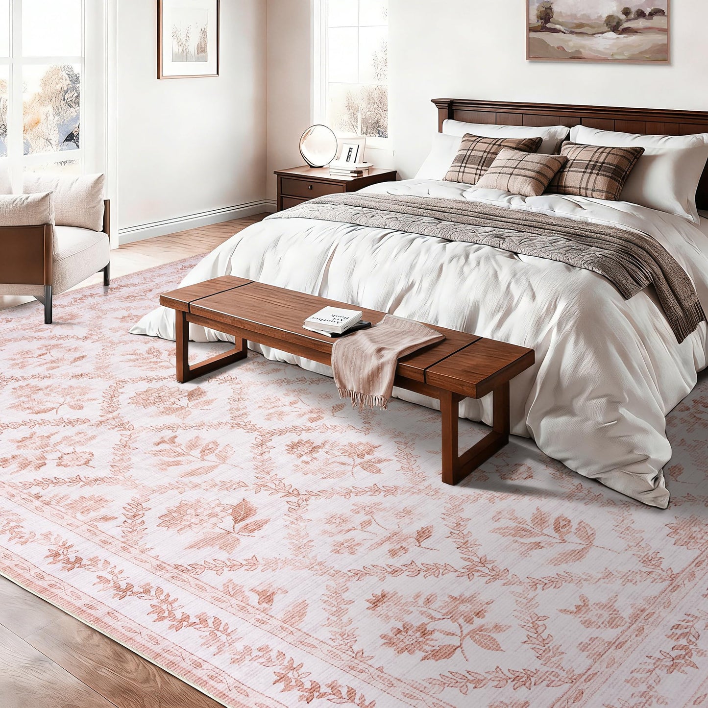 Pink Rugs for Bedroom Boho Light Blush Pink Floral Area Rugs Nursery for Baby Girl, Cute Foldable Machine Washable Distressed Carpet for Living Room Bedroom Dorm Kids Playroom 5x7