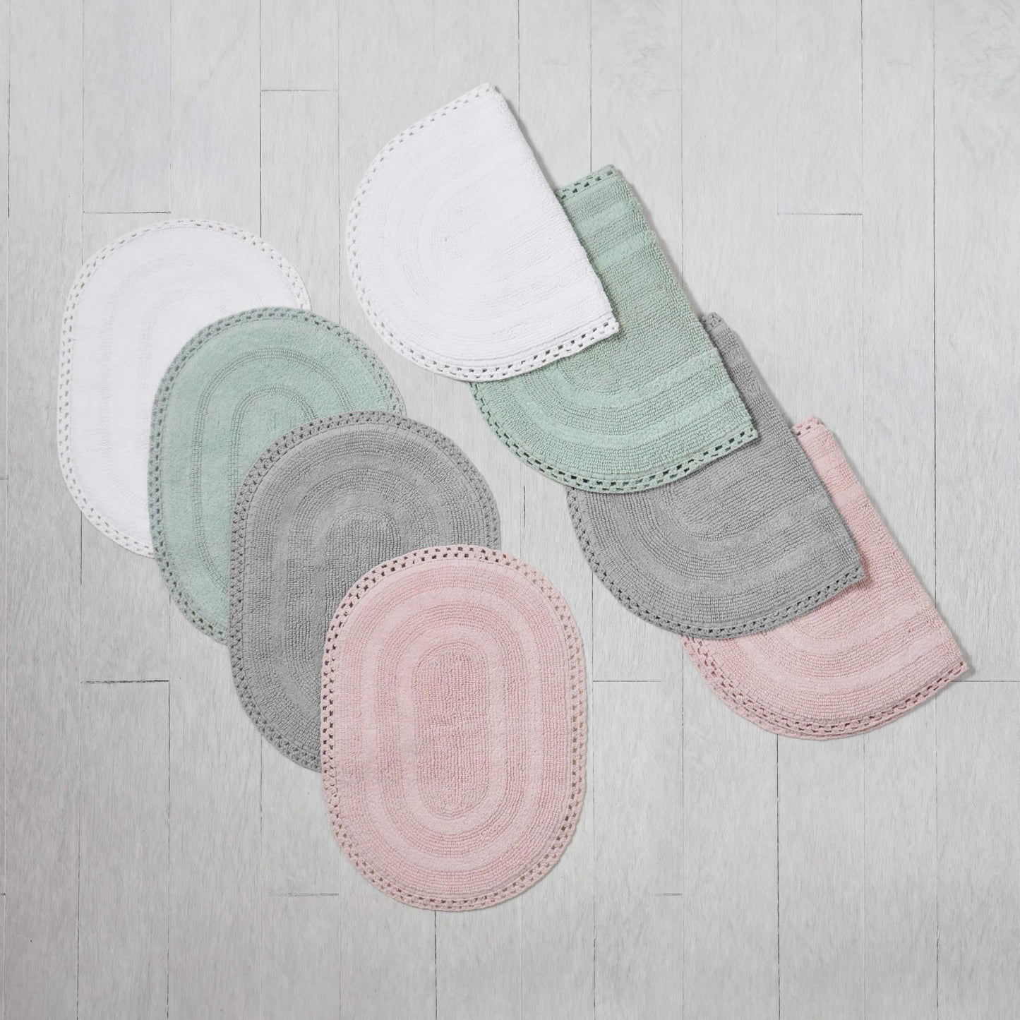 Laura Ashley Camilla 100% Cotton Oval Bath Mat with Crochet Border, Soft & Absorbent, Light Green 21" x 34" Bathroom Rug