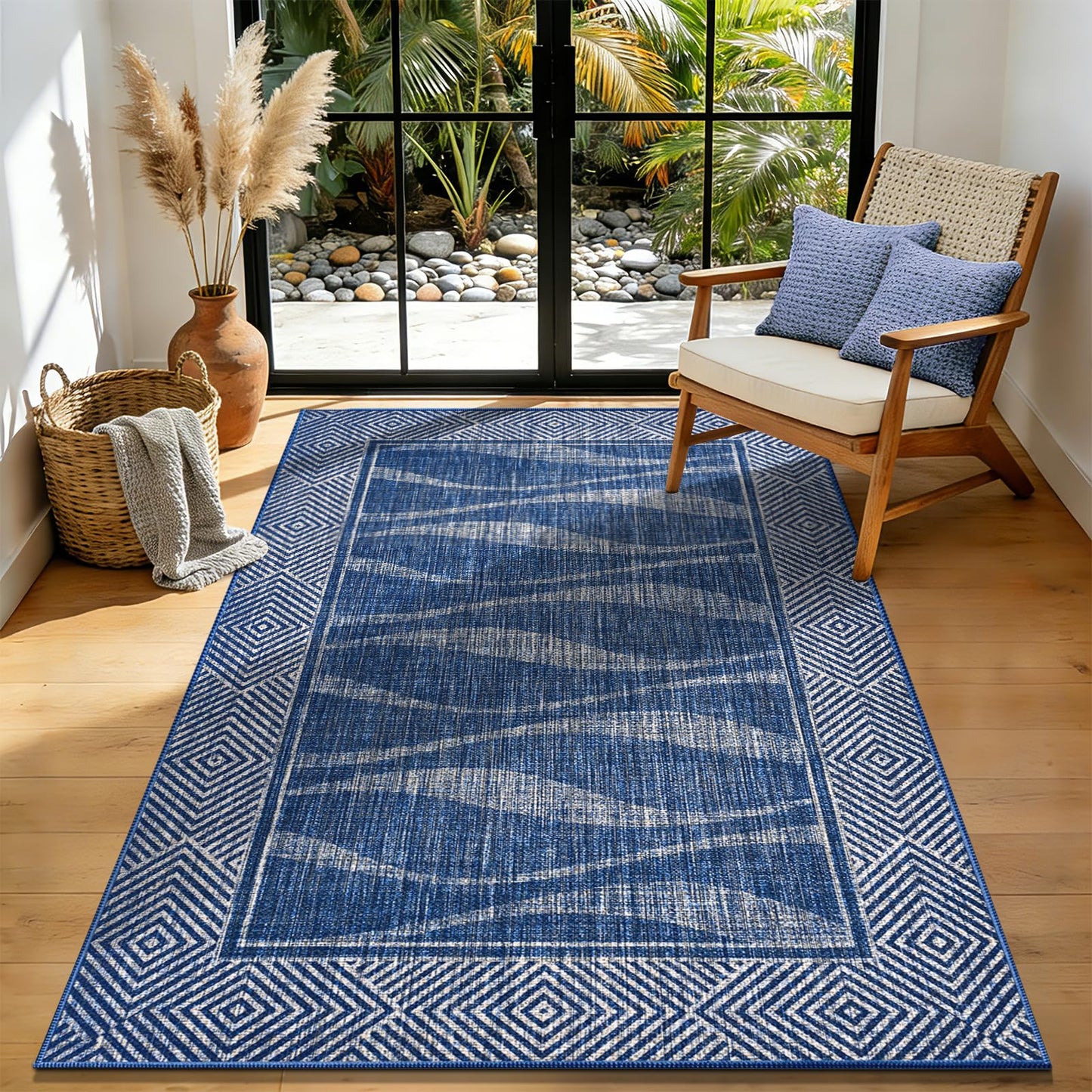 Jute Rug 3x5 Outdoor Patio Rug with Border, Washable Rugs for Entryway Porch, Farmhouse Non Slip Area Rugs with Rubber Backing, Non Shedding Carpet for Indoor Outdoor Bedroom, Courtyard, Blue