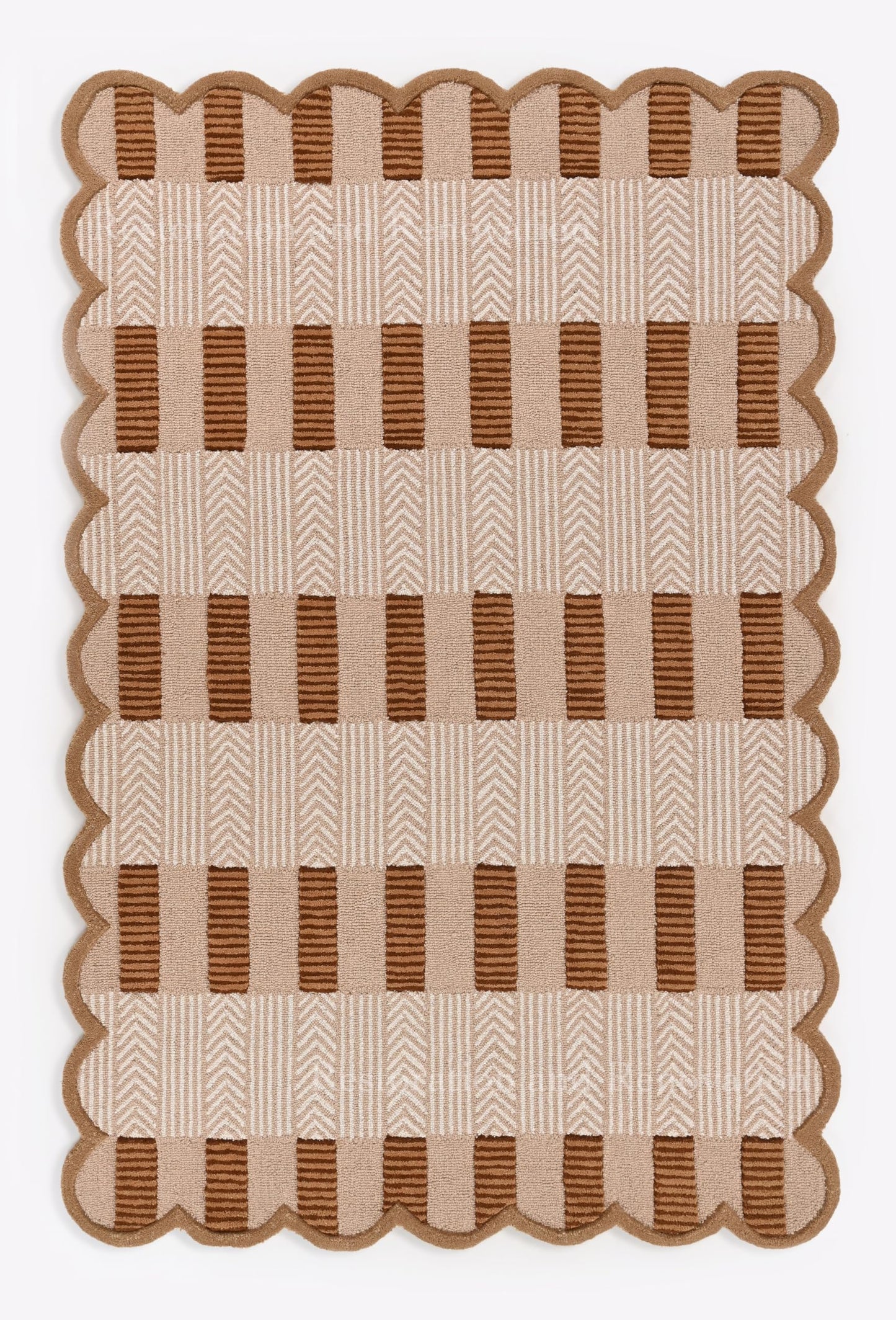 Handmade Scalloped Wool Area Rug - Modern Geometric Pattern, Green-Beige Stripes, Checkered Chevron Design - Soft, Durable Thick Carpet for Living Room, Bedroom, Dining Room (Light Brown, 4' x 6')
