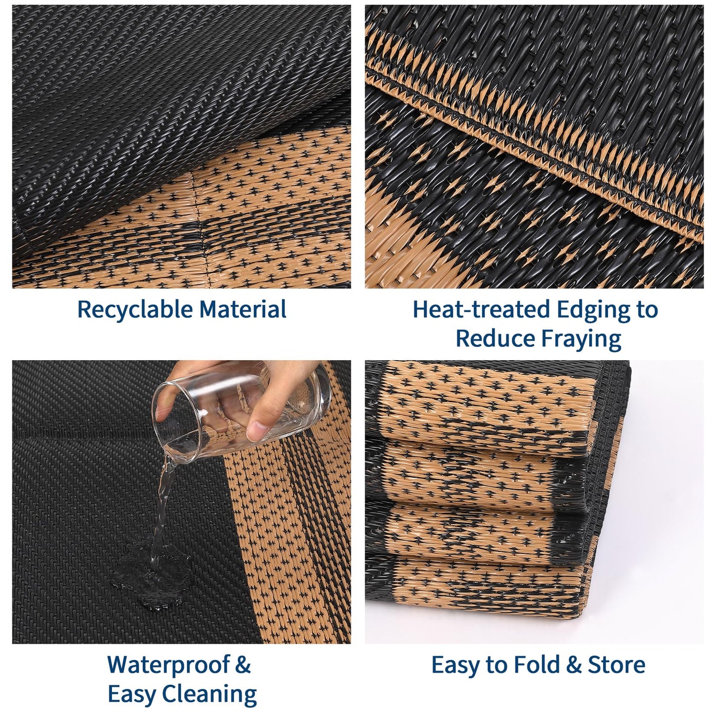 GAOMON 9x18 Plastic Straw Rug Outdoor Rugs for Patio Waterproof Reversible Mat Modern Bordered Camping Rug for Porch RV Backyard Pool Deck Picnic Beach Trailer Border-Black/Brown